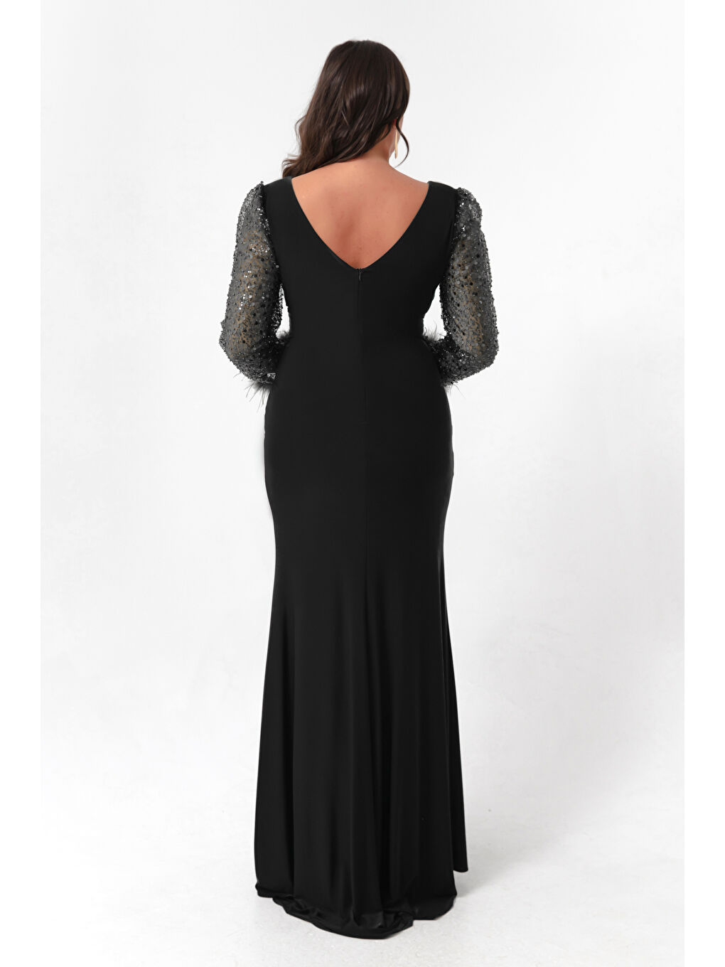Kadın Siyah V Yaka Kolları Taşlı Yırtmaçlı Büyük Beden Uzun Abiye Elbise-4