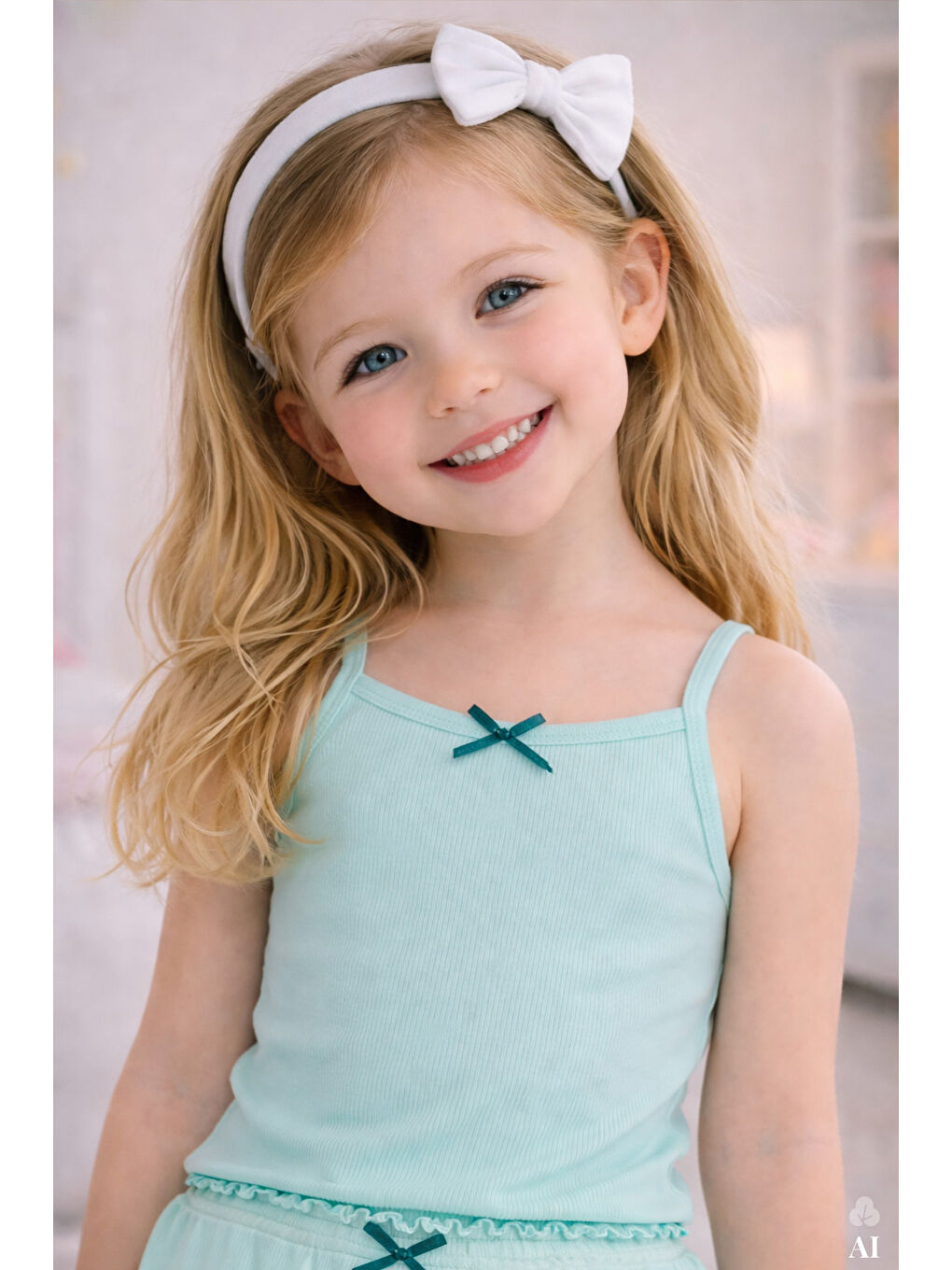 Yeşil Kız Çocuk Pamuklu Fiyonklu Askılı Şortlu Pijama Takımı-1