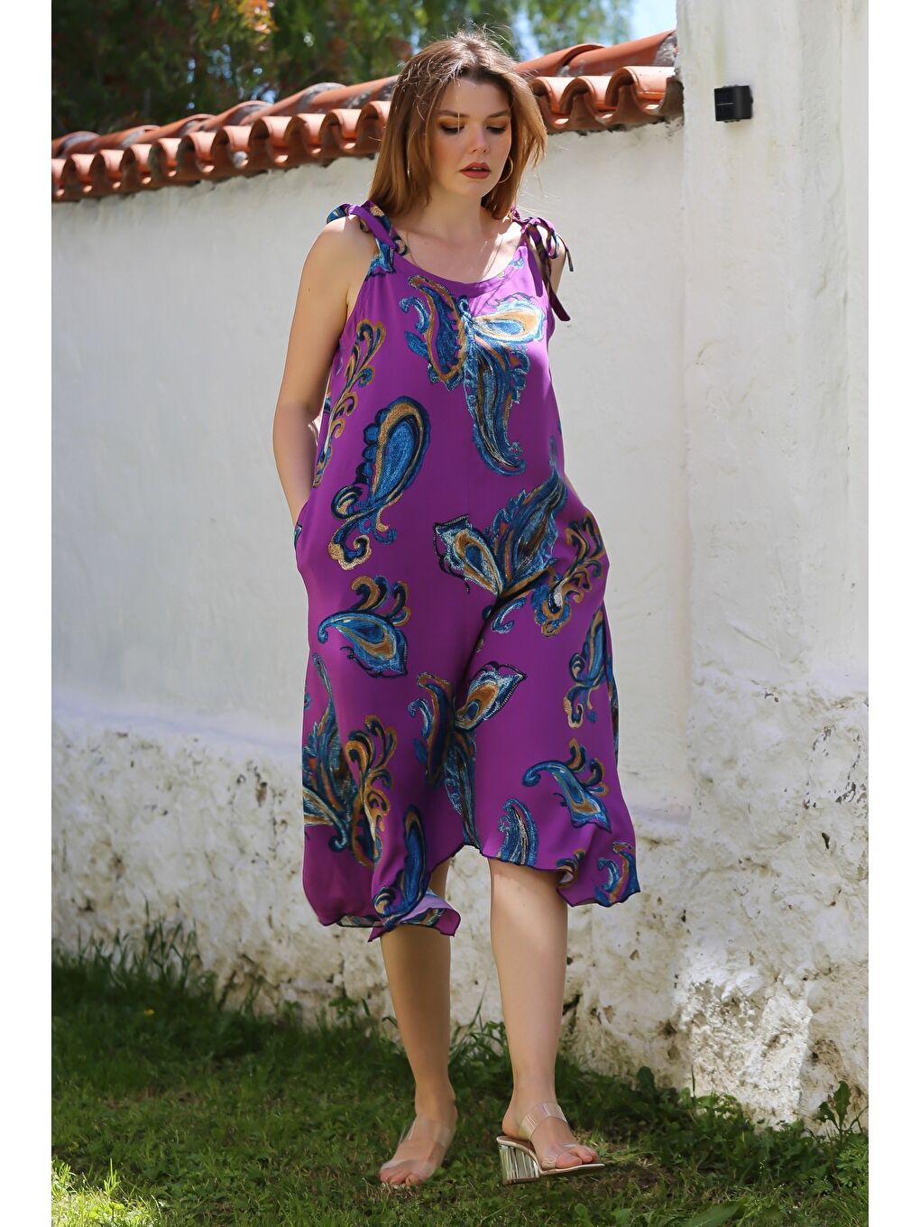 Mor Yakasız Askılı Şal Desenli Gizli Cepli Casual Viskon Dokuma Elbise 125 58-2