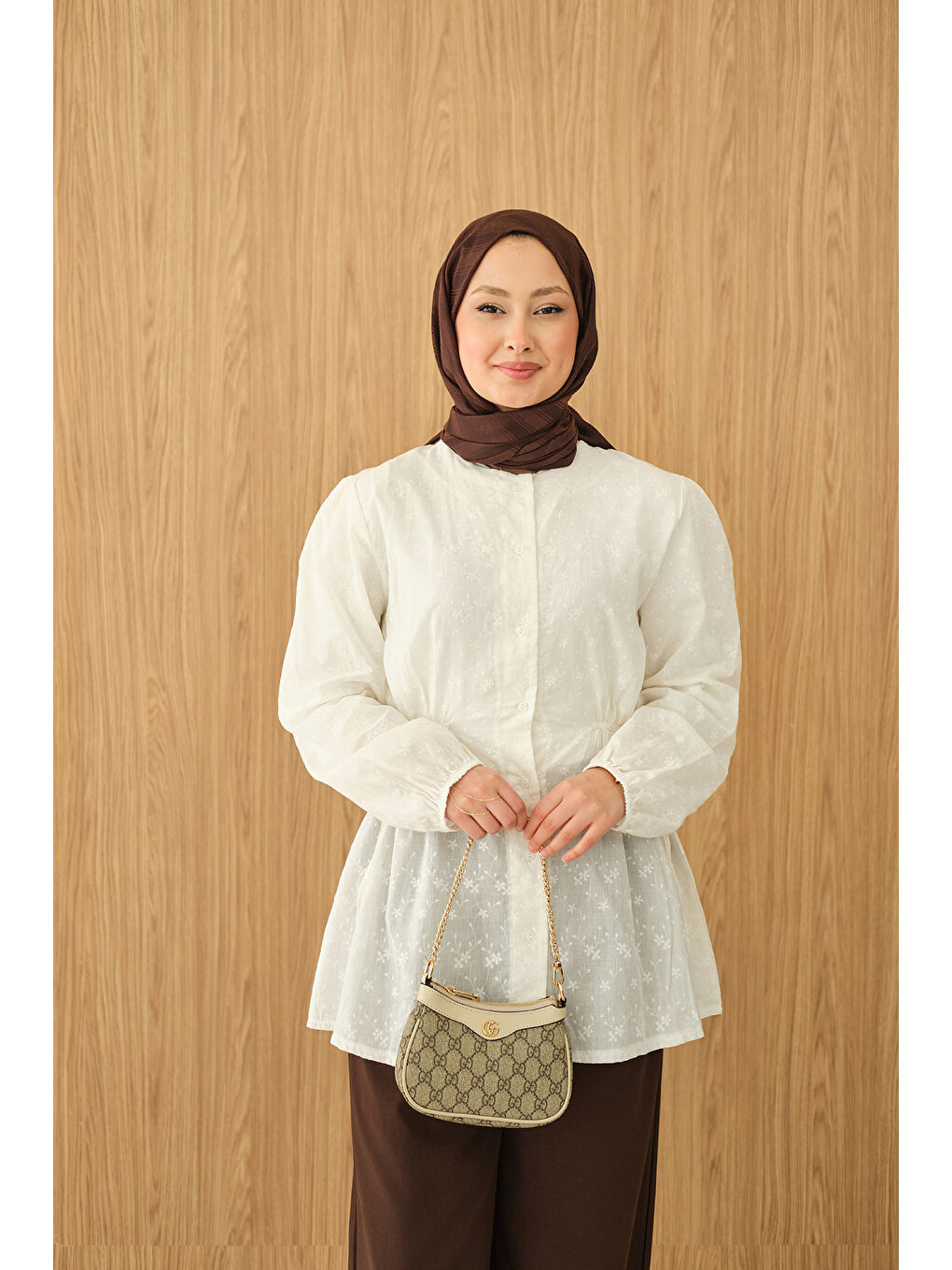 Kadın Belden Bağcık Detaylı Gömlek Ekru-3