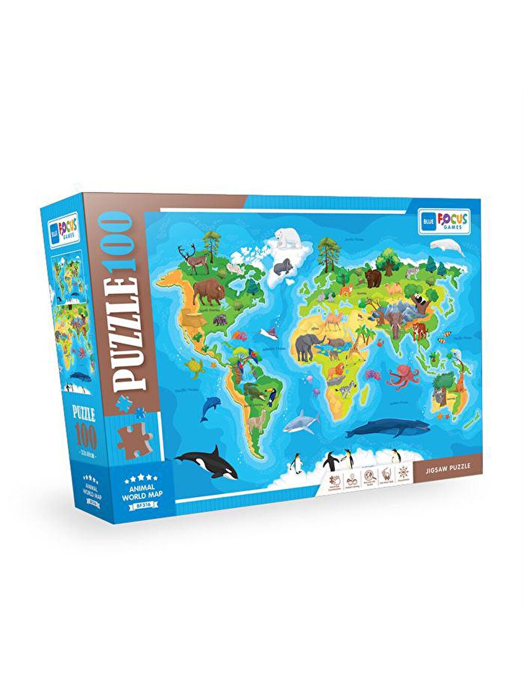 Blue Focus Karışık 100 Parça Puzzle Animal World Map (Hayvan Dünya Haritası)