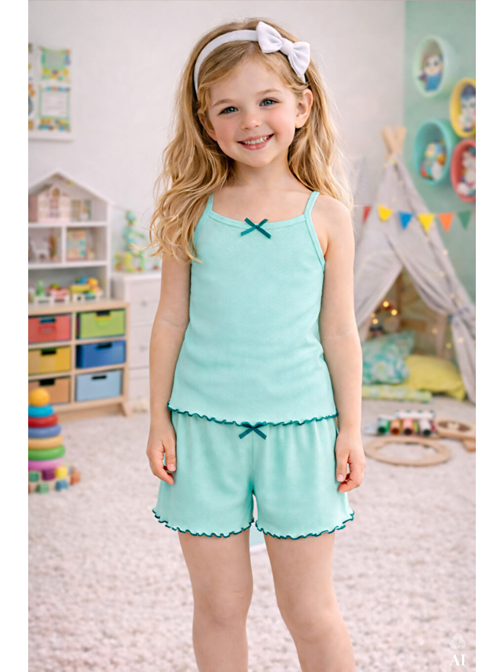 Yeşil Kız Çocuk Pamuklu Fiyonklu Askılı Şortlu Pijama Takımı-2