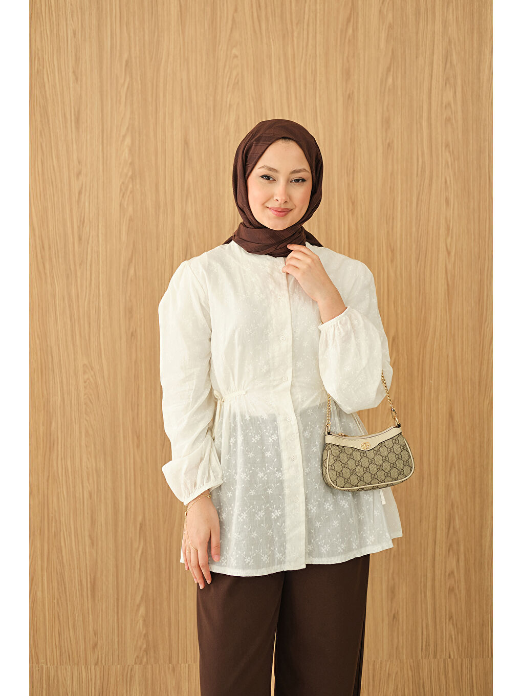 Kadın Belden Bağcık Detaylı Gömlek Ekru-4