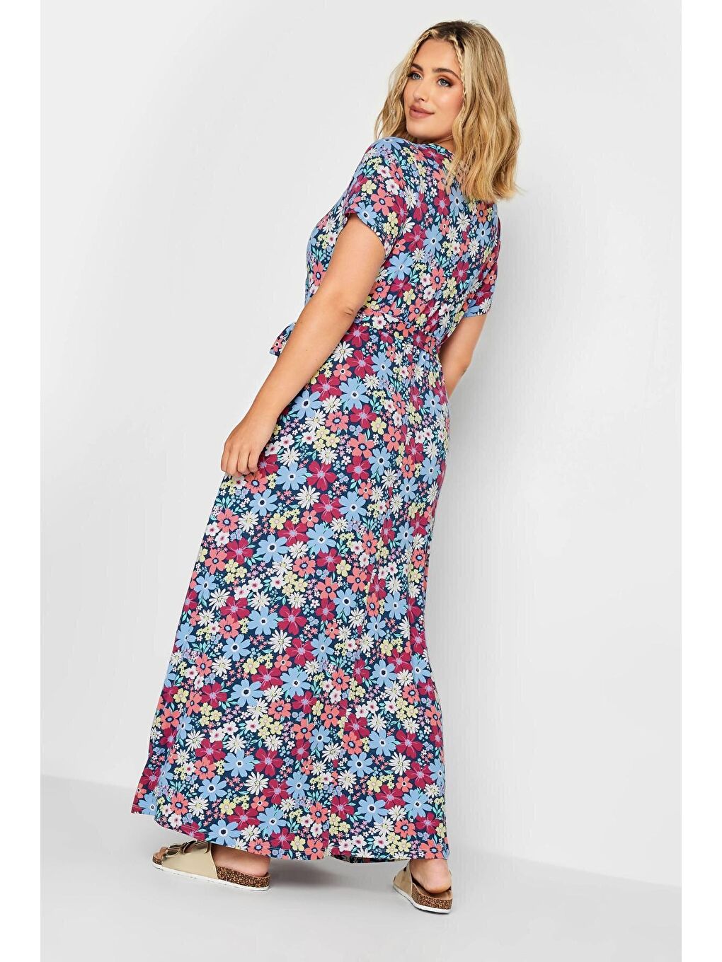 Mavi Büyük Beden V Yaka Desenli Kuşaklı Elastanlı Yarım Kol Anvelop Elbise 302375-4