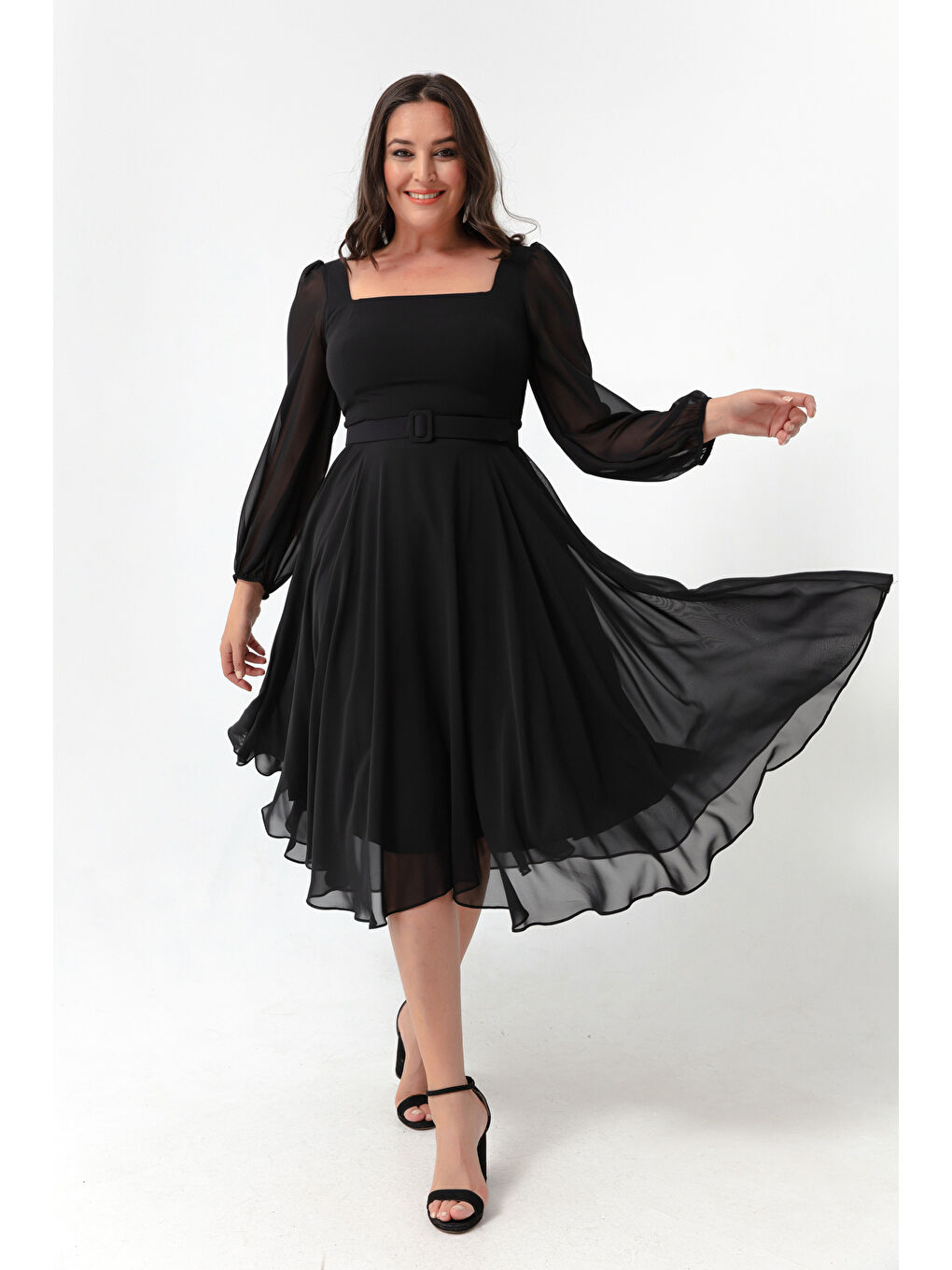 Kadın Siyah Kare Yaka Kemerli Midi Şifon Büyük Beden Abiye Elbise-1