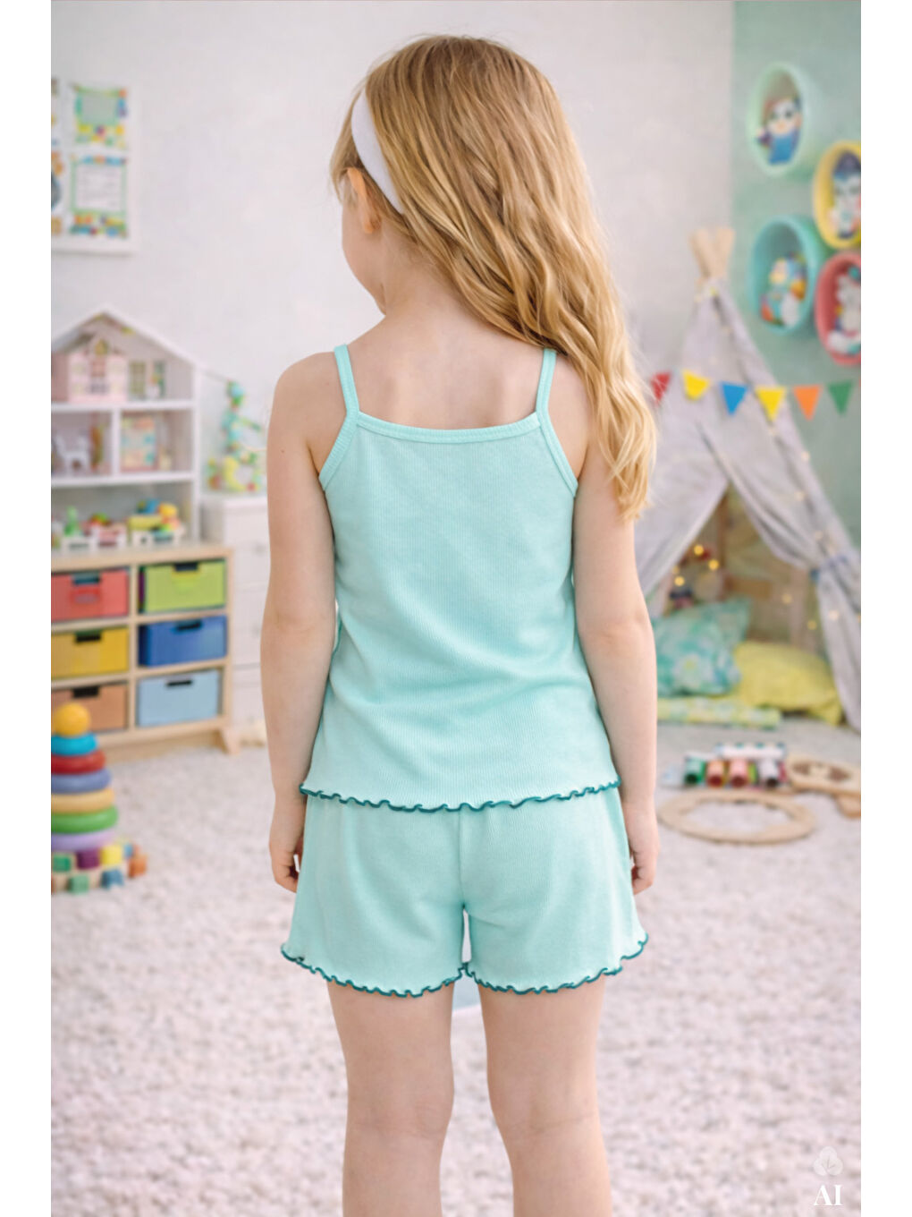 Yeşil Kız Çocuk Pamuklu Fiyonklu Askılı Şortlu Pijama Takımı-3