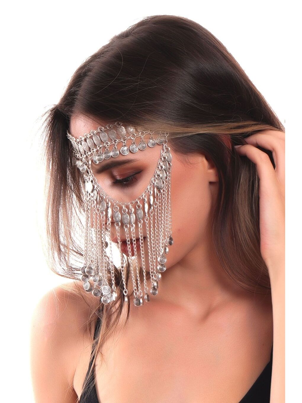 Gri Kadın Antik Gümüş Kaplama Ayarlanabilir El Yapımı Peçe-1