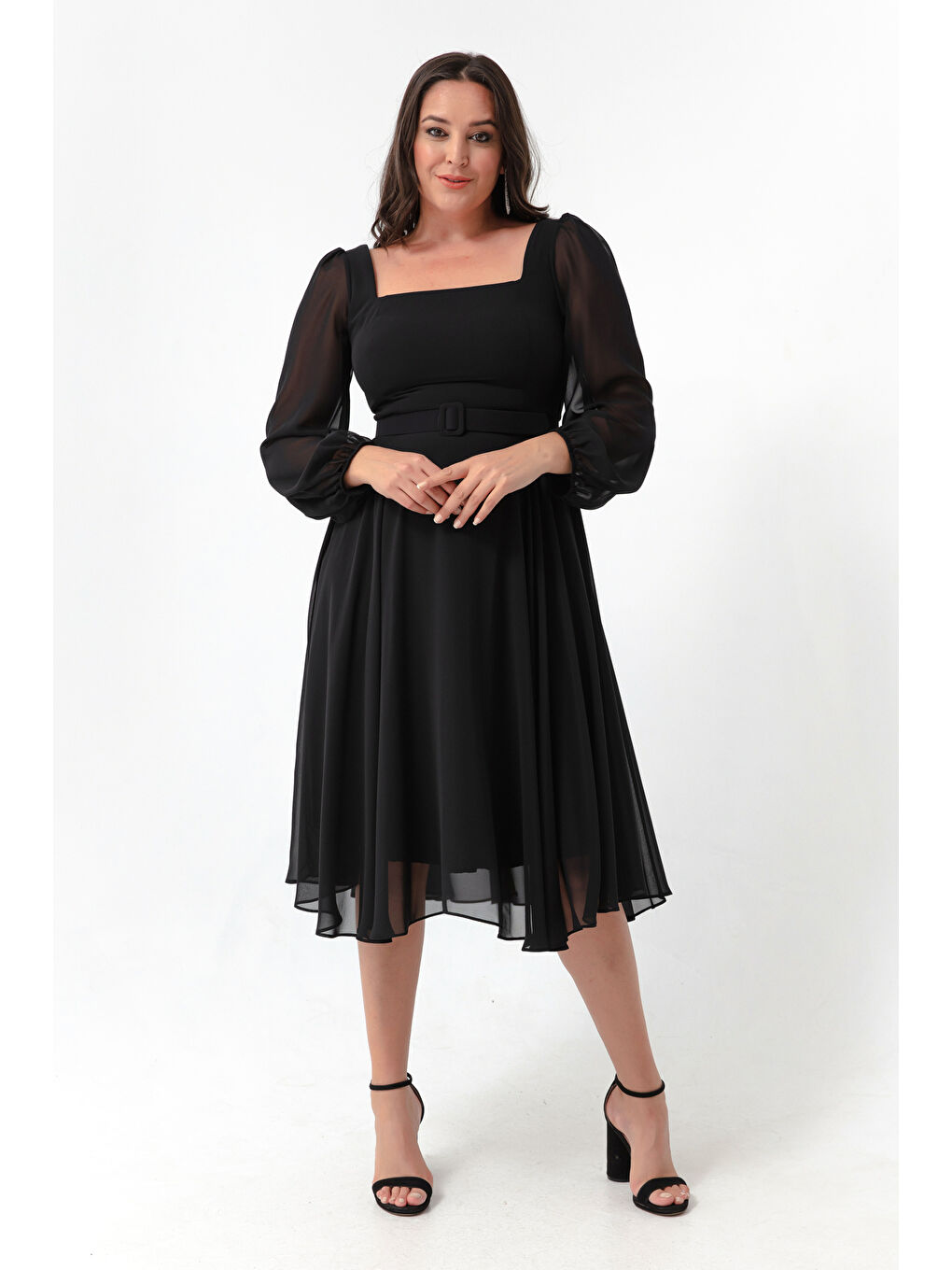 Kadın Siyah Kare Yaka Kemerli Midi Şifon Büyük Beden Abiye Elbise-2