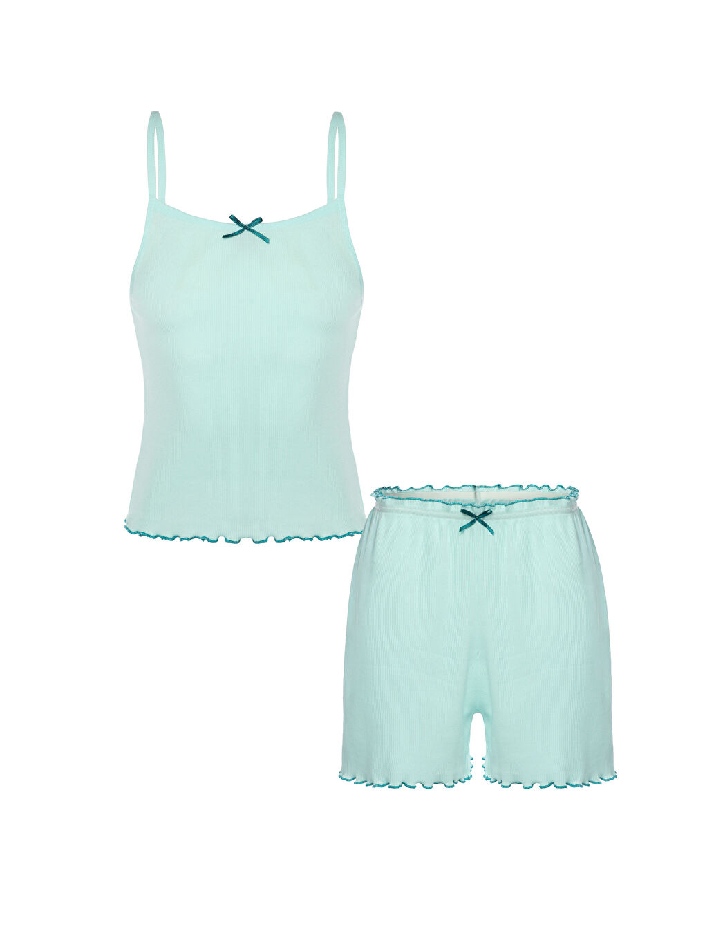 Yeşil Kız Çocuk Pamuklu Fiyonklu Askılı Şortlu Pijama Takımı-4