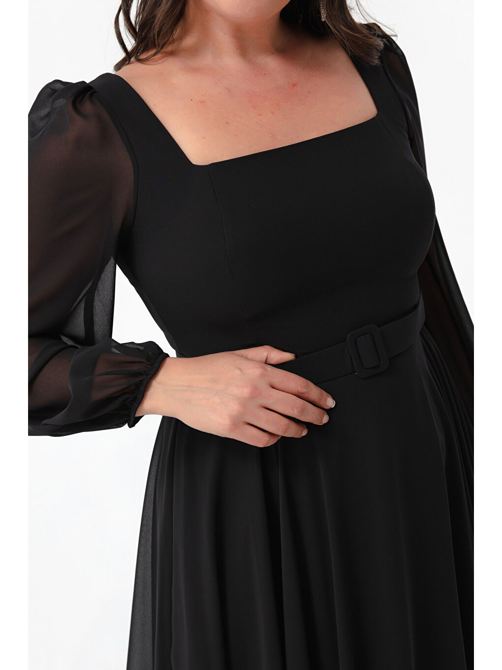 Kadın Siyah Kare Yaka Kemerli Midi Şifon Büyük Beden Abiye Elbise-3