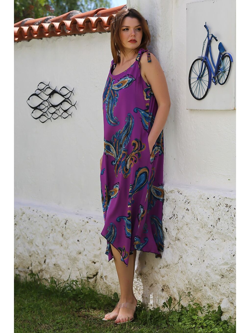 Mor Yakasız Askılı Şal Desenli Gizli Cepli Casual Viskon Dokuma Elbise 125 58-3