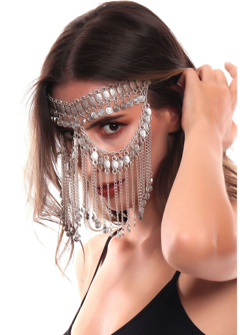 Gri Kadın Antik Gümüş Kaplama Ayarlanabilir El Yapımı Peçe-2