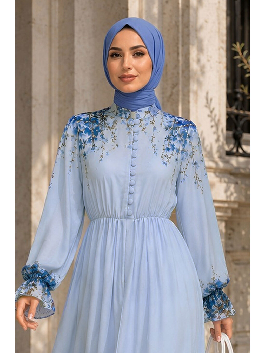 Çiçek Baskılı Yarım Düğmeli Şifon Elbise Tsd260258 Mavi-1