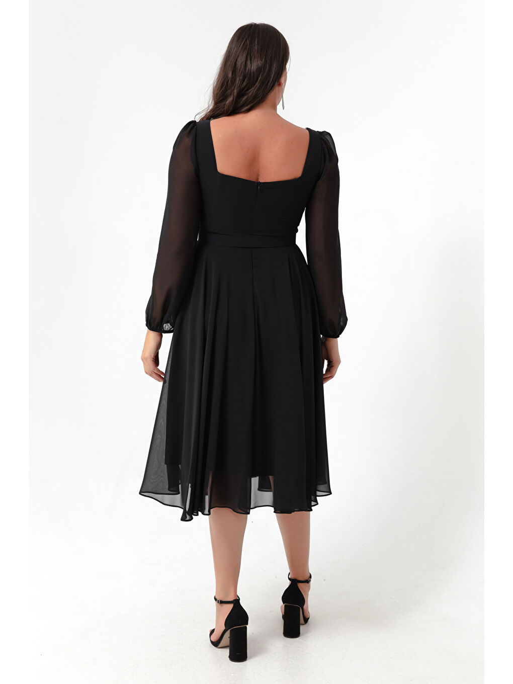 Kadın Siyah Kare Yaka Kemerli Midi Şifon Büyük Beden Abiye Elbise-4