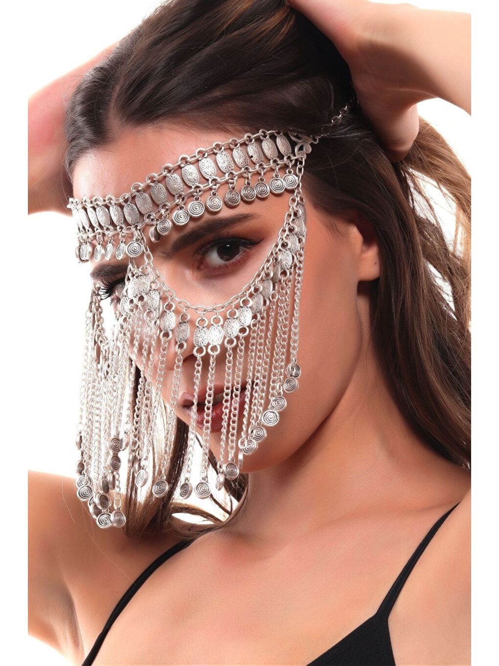 Gri Kadın Antik Gümüş Kaplama Ayarlanabilir El Yapımı Peçe-3