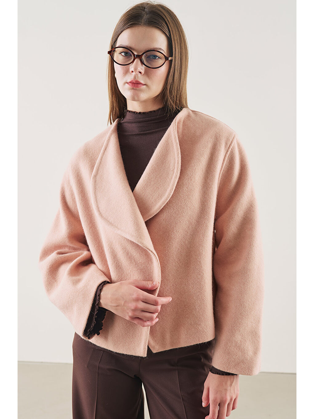 Pembe Yünlü Kısa Ceket Somon-1