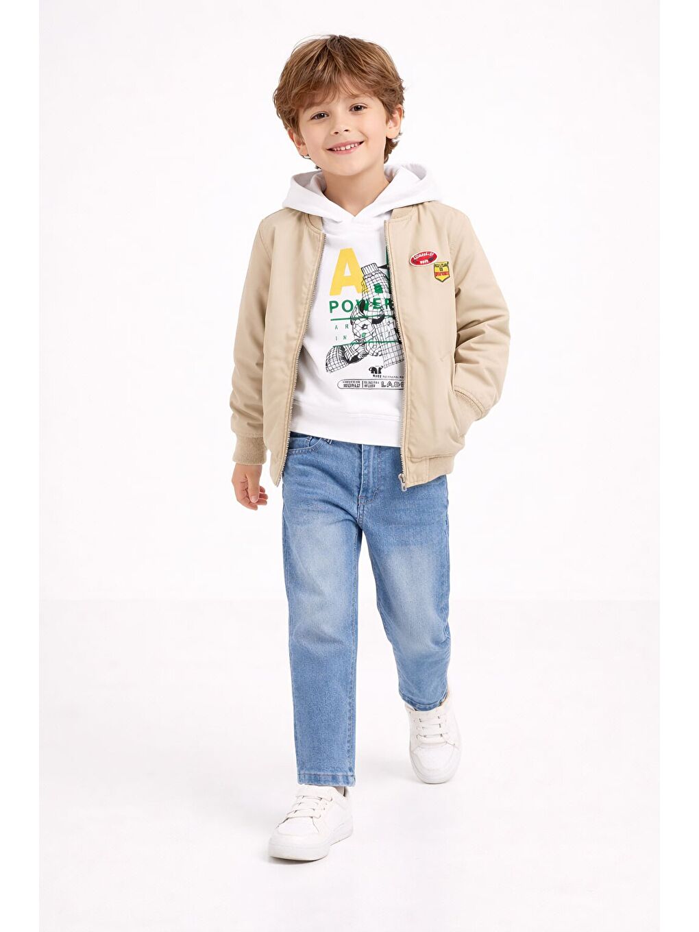 Kahverengi Nakışlı Ceketli Jean Pantolonlu Erkek Çocuk Kapüşonlu 3lü Takım 23526-2