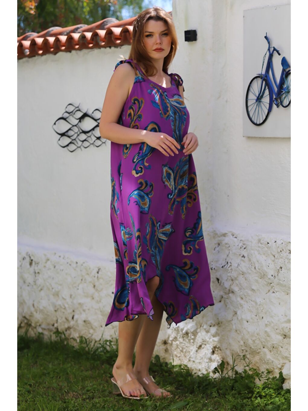 Mor Yakasız Askılı Şal Desenli Gizli Cepli Casual Viskon Dokuma Elbise 125 58-4