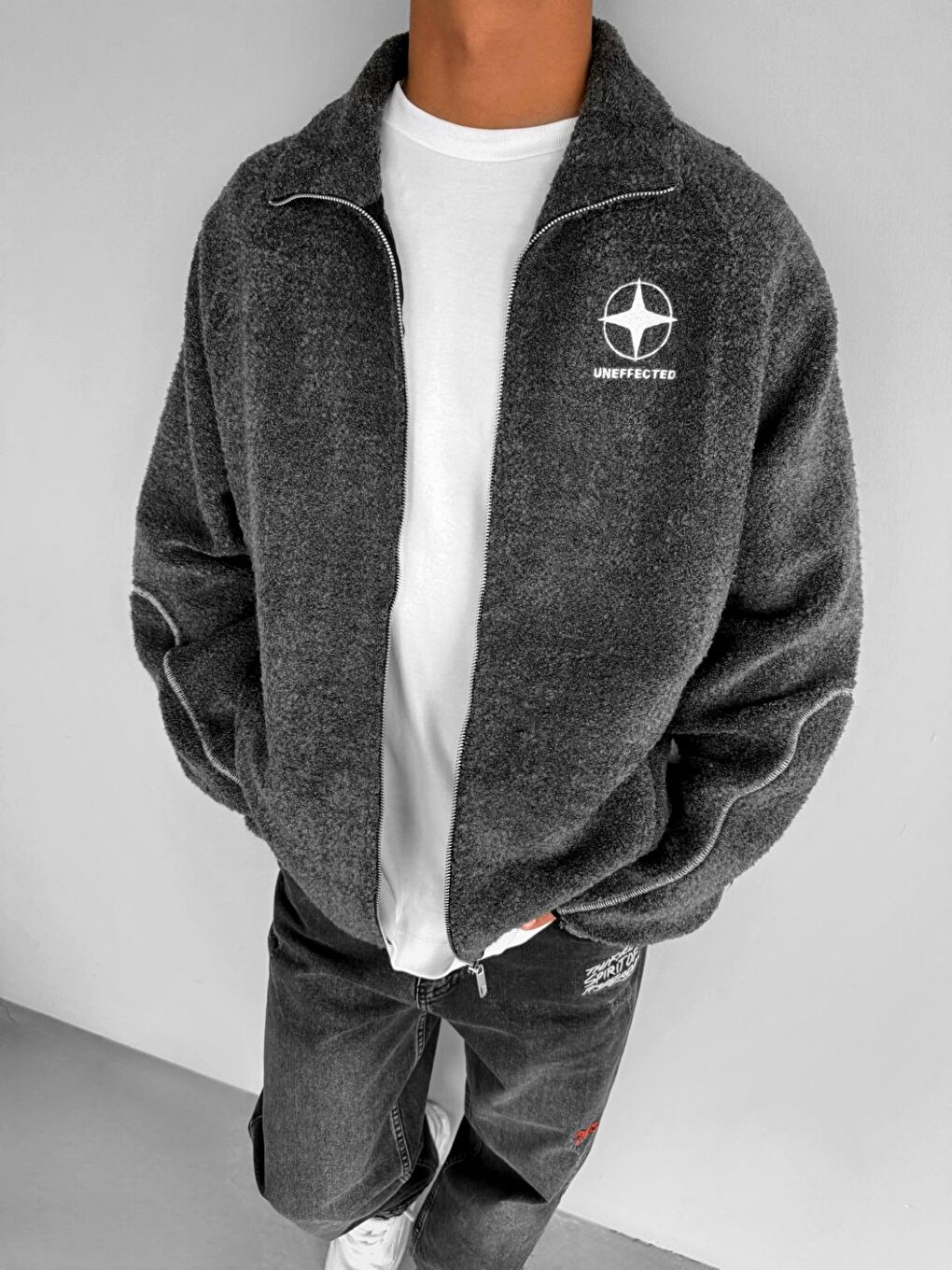 Erkek Oversize Fermuarlı İthal Kaşe Ceket Siyah