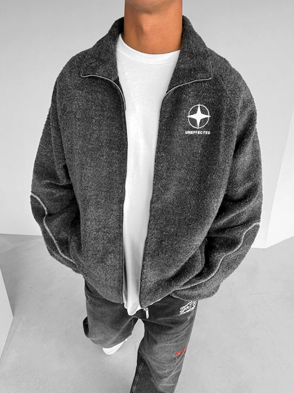 Erkek Oversize Fermuarlı İthal Kaşe Ceket Siyah-1