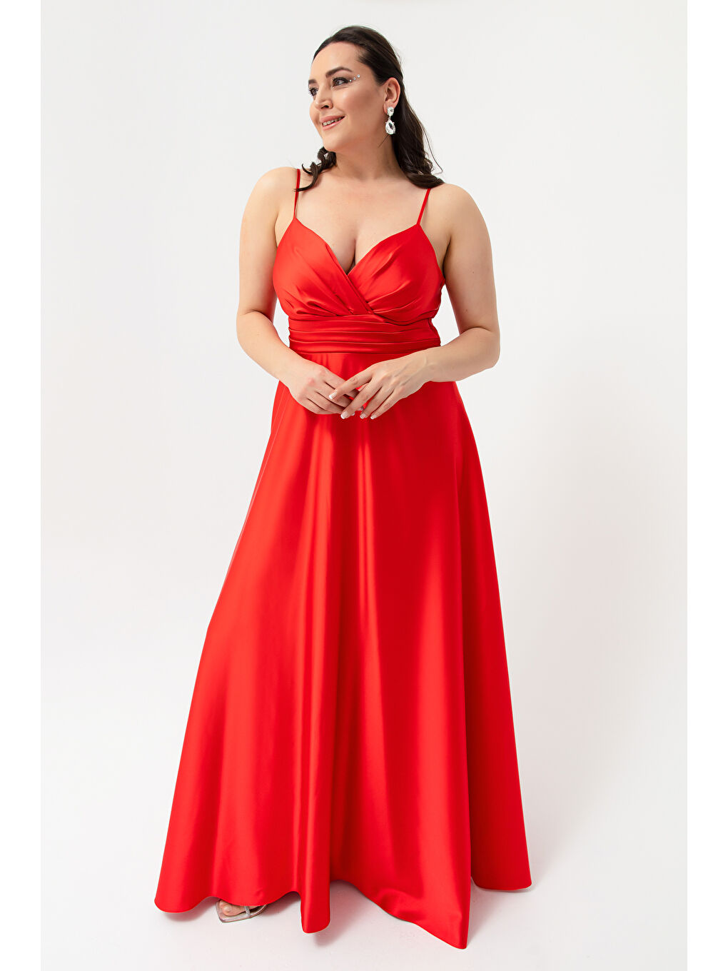 Kadın Kırmızı İp Askılı Büyük Beden Saten Uzun Abiye & Mezuniyet Elbisesi-1