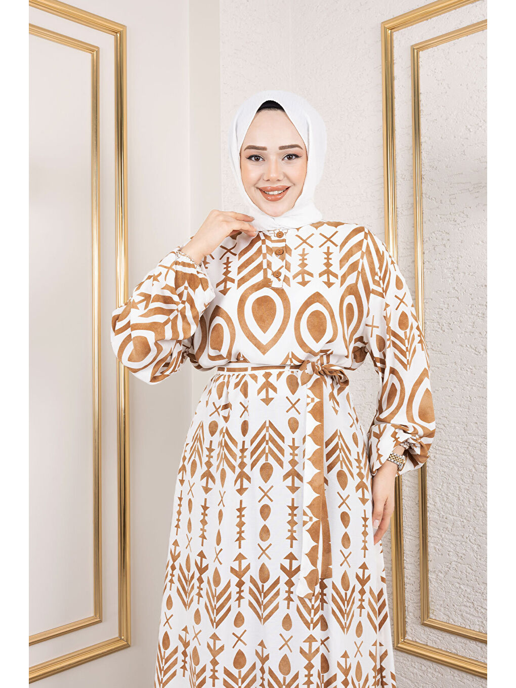 Kahverengi Damla Desenli Viskon Elbise TSD250140 Camel-1