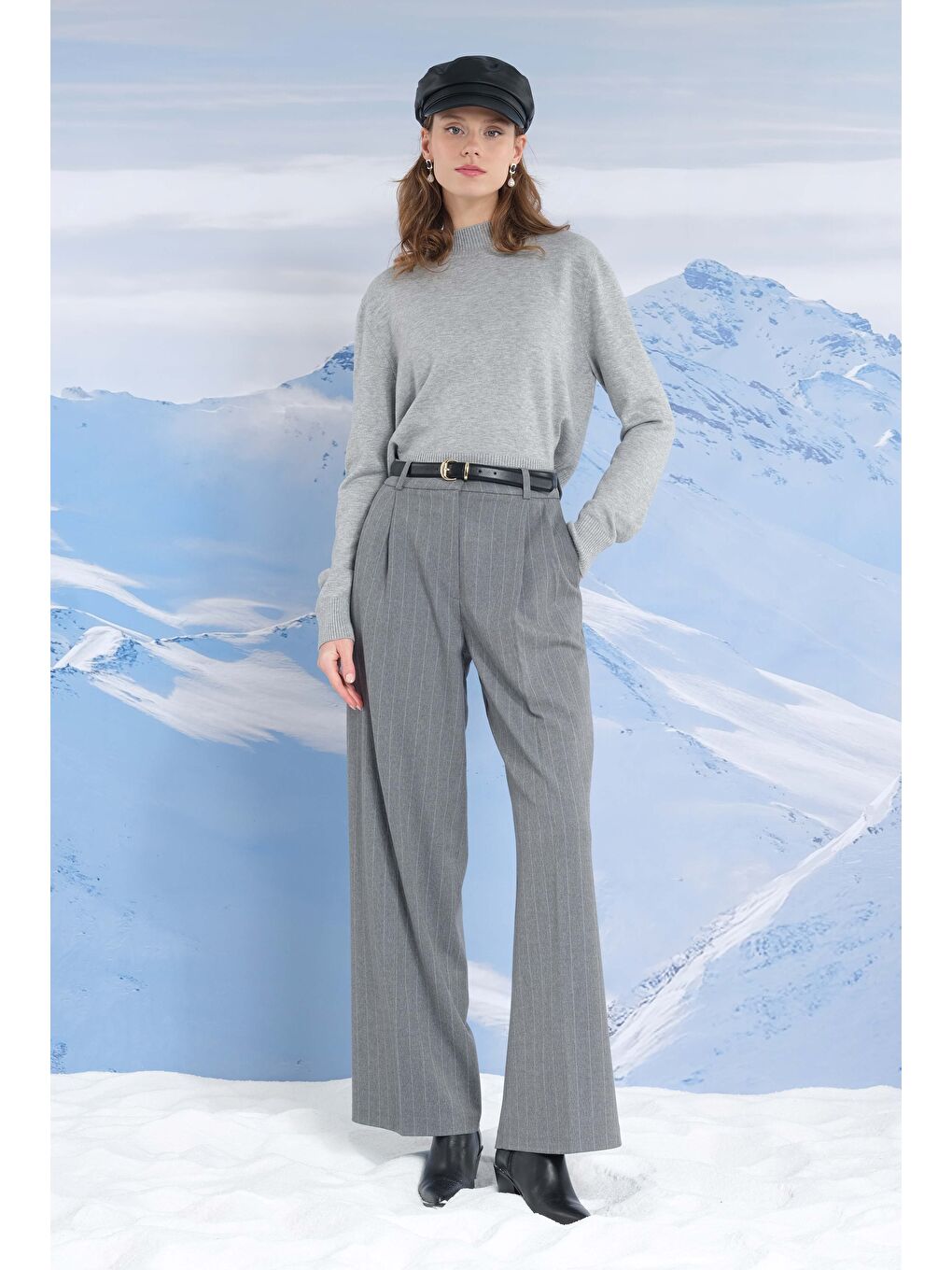 Gri Geniş Paça Çizgili Pantolon Duman-1