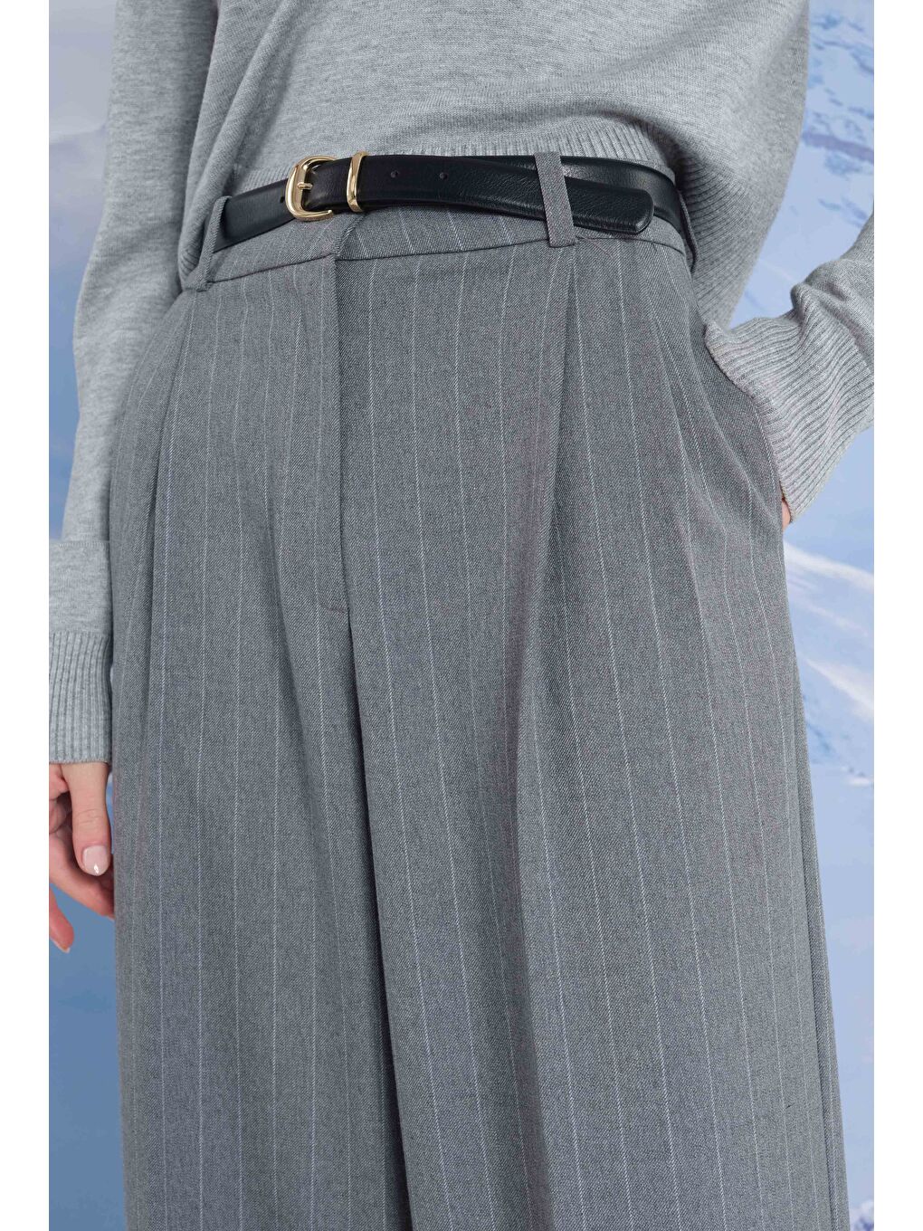 Gri Geniş Paça Çizgili Pantolon Duman-3