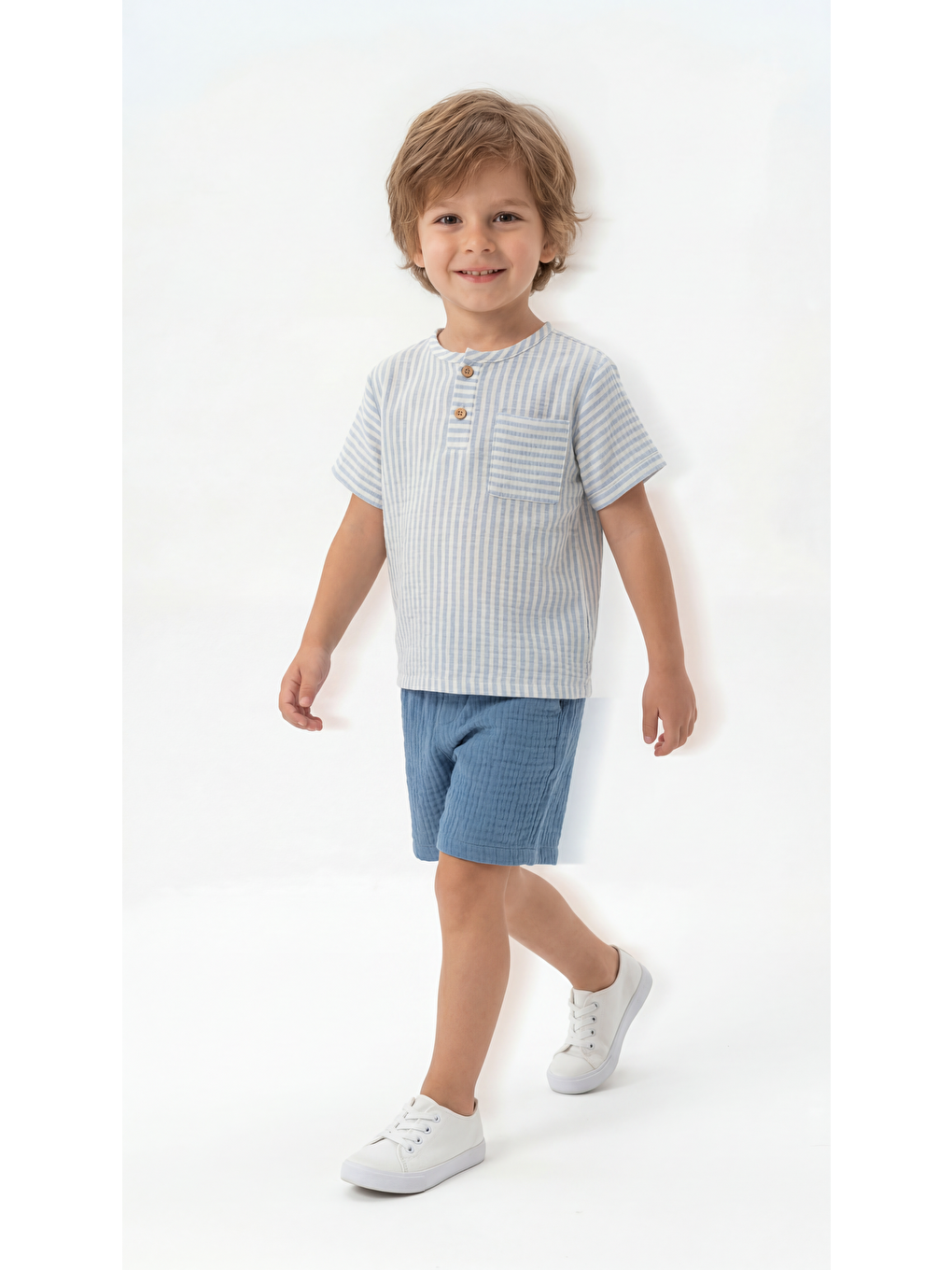 Mavi Çizgili Kısa Kollu Erkek Çocuk Gömlek-Şort Takım-2
