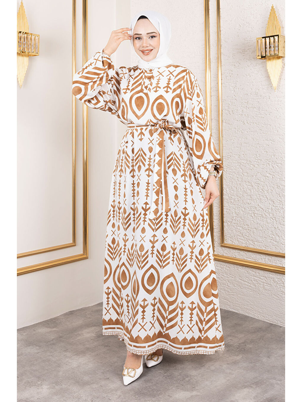 Kahverengi Damla Desenli Viskon Elbise TSD250140 Camel-3