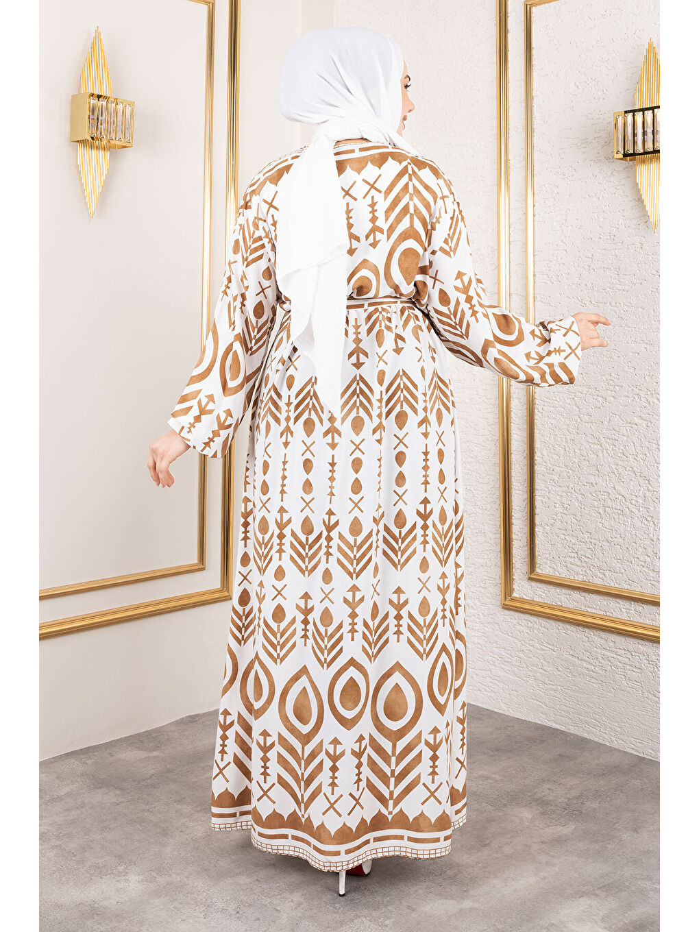 Kahverengi Damla Desenli Viskon Elbise TSD250140 Camel-4