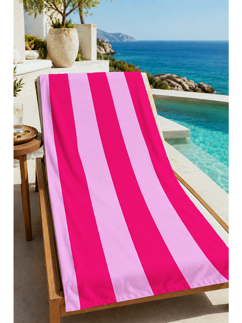 Retro Fuşya Pembe Dikey Çizgili Desenli 70x150 Plaj Havlusu - Dijital Baskılı Solmaz Banyo Havlusu-1