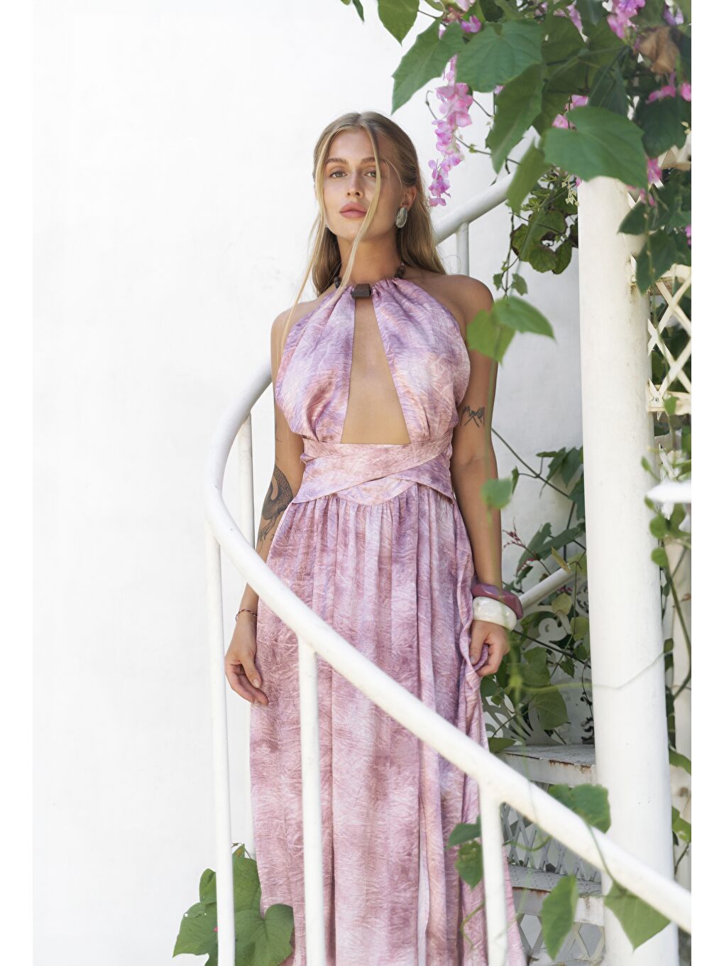 Ruadhan Boncuk Detaylı Bordo Uzun Elbise-1