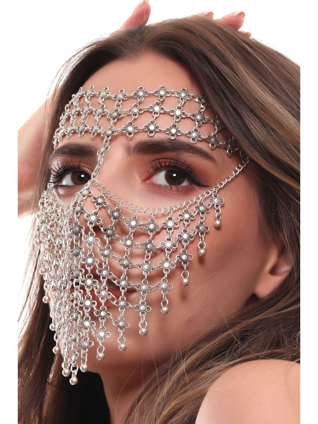 Gri Kadın Antik Gümüş Kaplama Ayarlanabilir El Yapımı Peçe-1