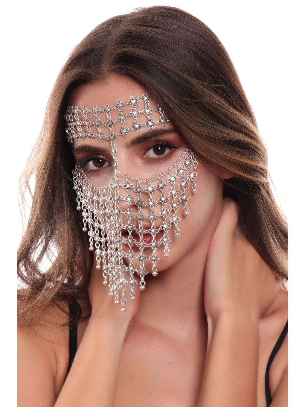 Gri Kadın Antik Gümüş Kaplama Ayarlanabilir El Yapımı Peçe-3