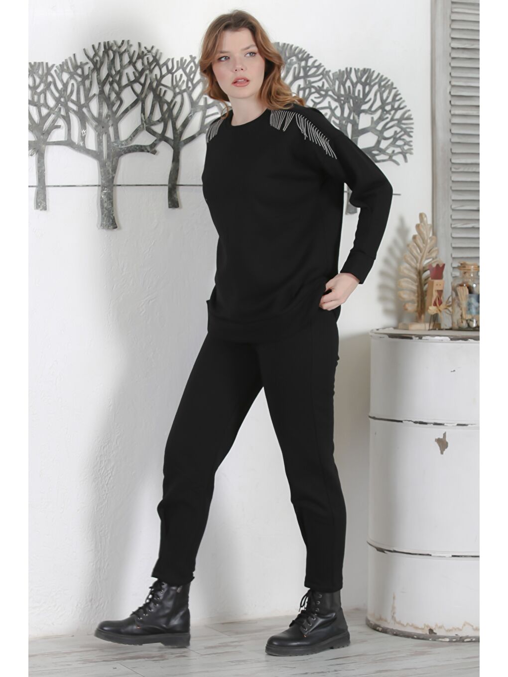 Siyah Balıkçı Yaka Manşetli Kollu Zincir Püsküllü Pliseli Casual Örme Alt Üst Takım 70-97 59-53