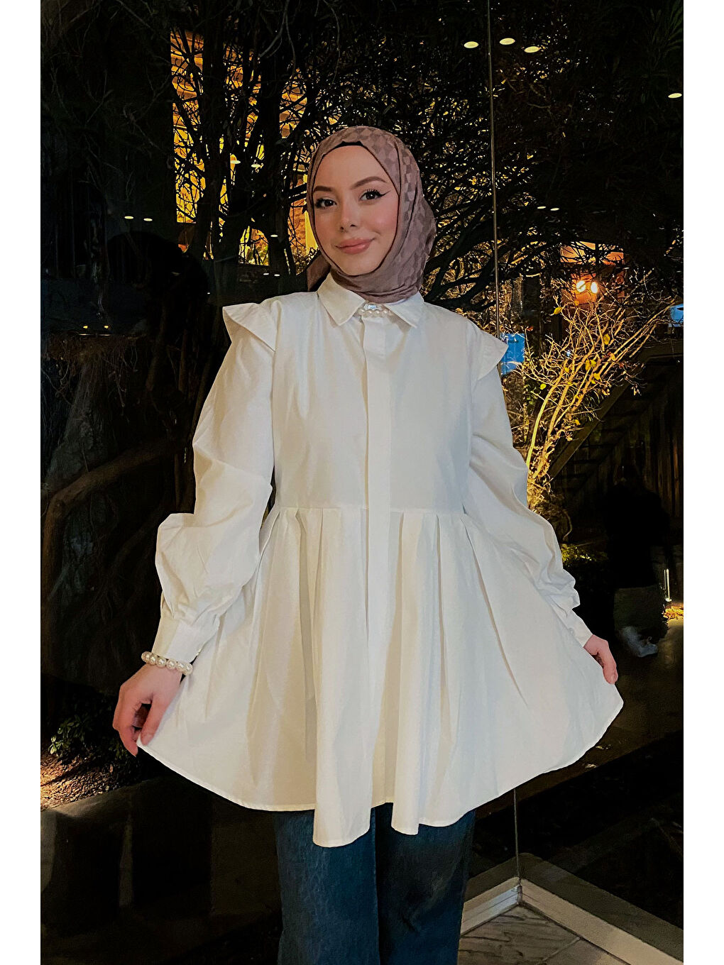 Kadın Eteği Pile Detaylı Gömlek  Beyaz-1