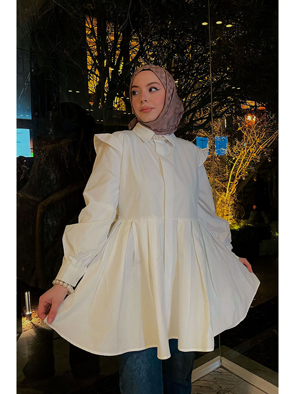 Kadın Eteği Pile Detaylı Gömlek  Beyaz-2