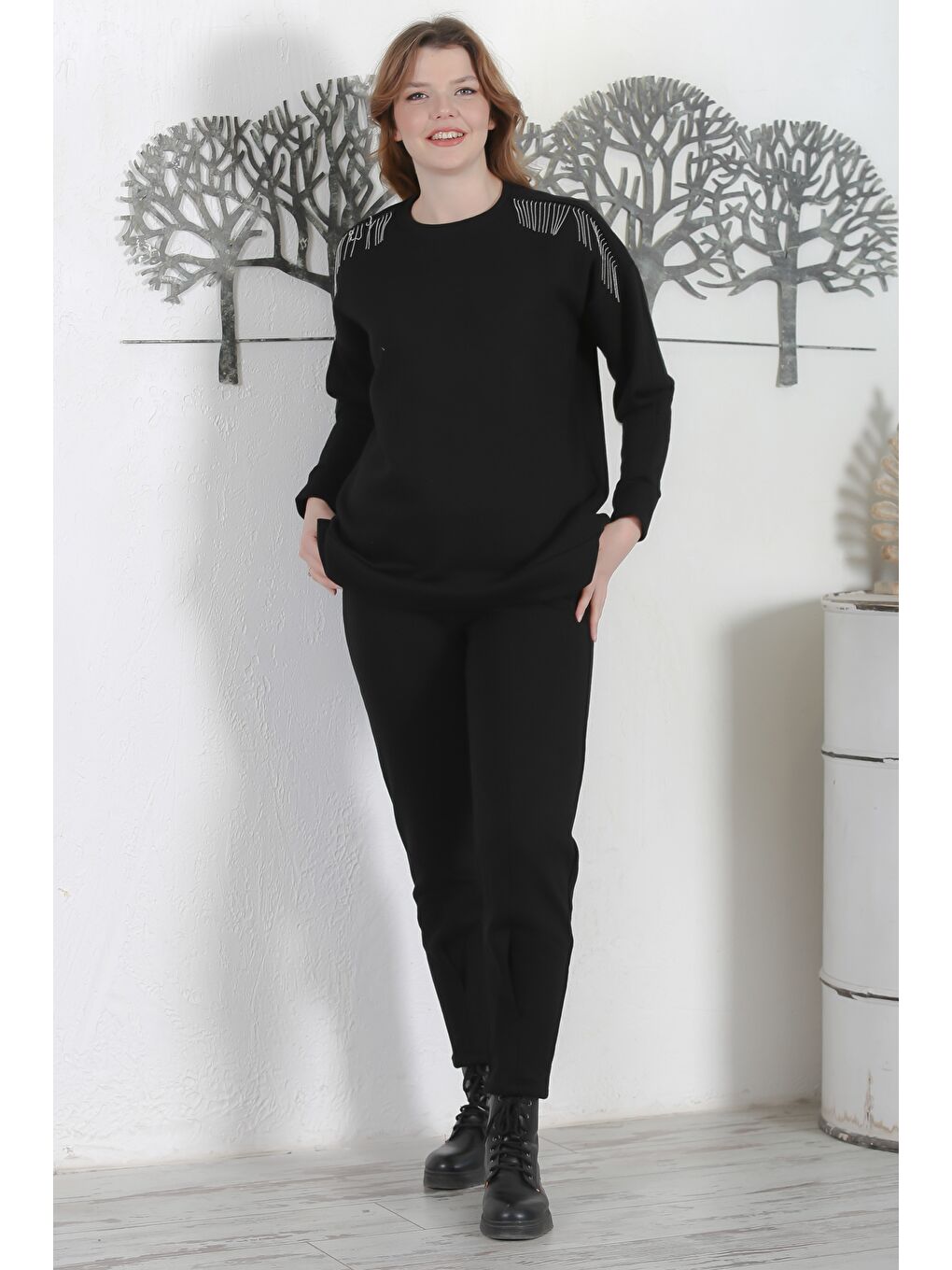 Siyah Balıkçı Yaka Manşetli Kollu Zincir Püsküllü Pliseli Casual Örme Alt Üst Takım 70-97 59-53-1