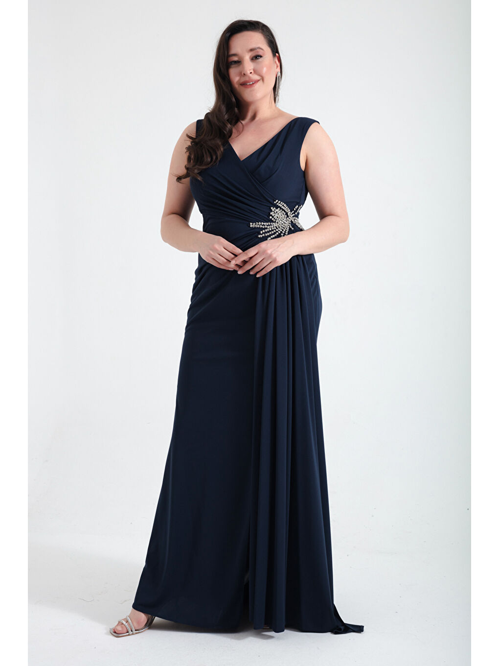 Kadın Lacivert Kruvaze Yaka Taşlı Büyük Beden Abiye-2