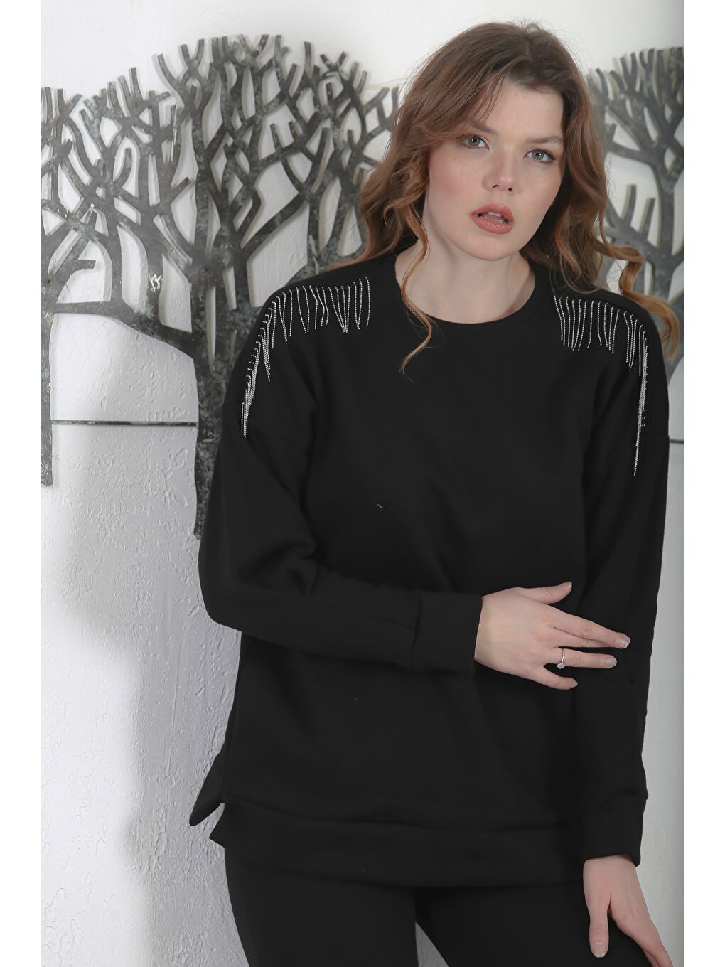 Siyah Balıkçı Yaka Manşetli Kollu Zincir Püsküllü Pliseli Casual Örme Alt Üst Takım 70-97 59-53-2