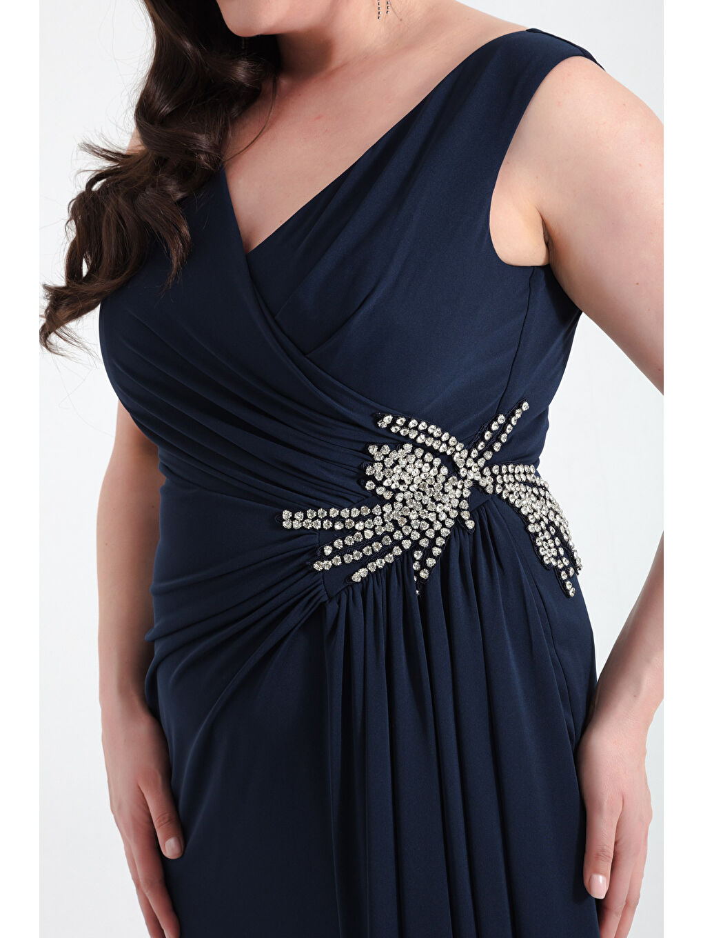 Kadın Lacivert Kruvaze Yaka Taşlı Büyük Beden Abiye-3