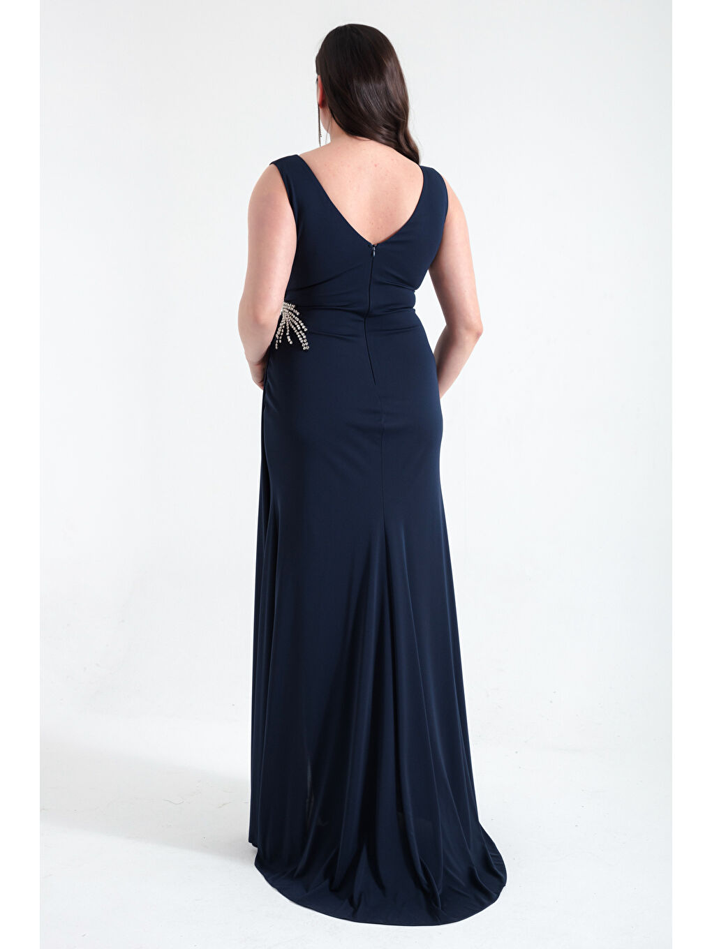 Kadın Lacivert Kruvaze Yaka Taşlı Büyük Beden Abiye-4