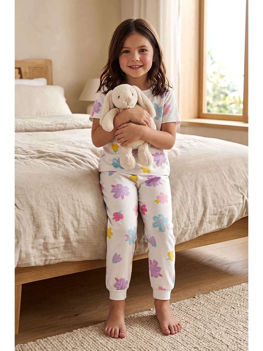Pastel Renkli Çiçek Desenli Beyaz Kız Çocuk %100 Pamuk Pijama Takımı-2