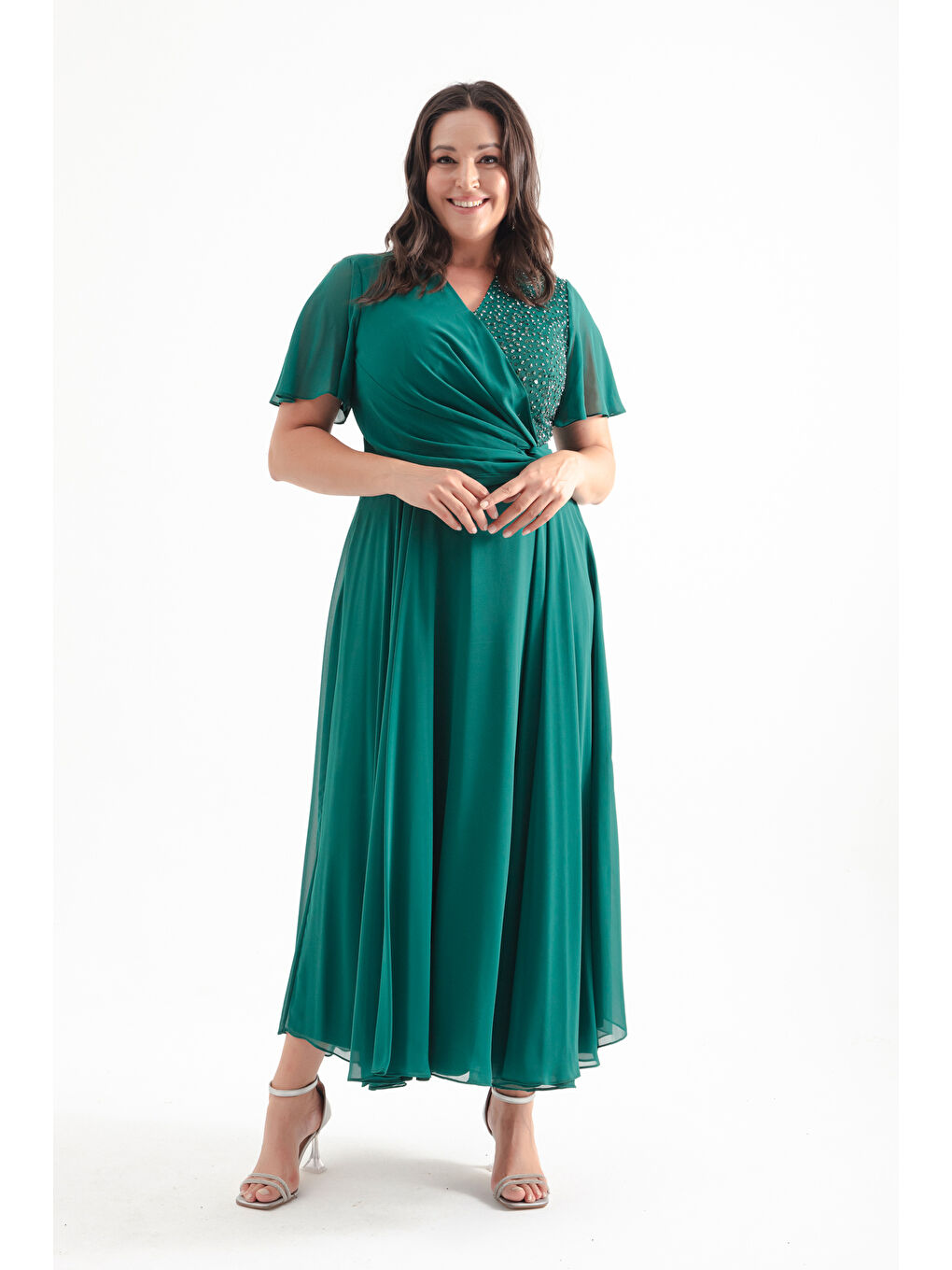 Kadın Zümrüt Yeşili Kruvzae Yaka Simli Büyük Beden Uzun Abiye Elbise-1