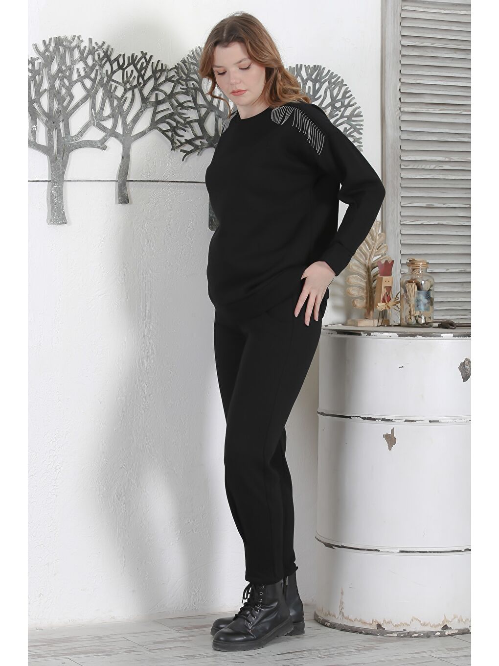 Siyah Balıkçı Yaka Manşetli Kollu Zincir Püsküllü Pliseli Casual Örme Alt Üst Takım 70-97 59-53-4