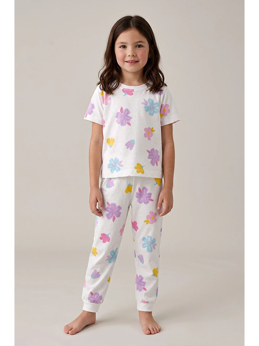Pastel Renkli Çiçek Desenli Beyaz Kız Çocuk %100 Pamuk Pijama Takımı-5
