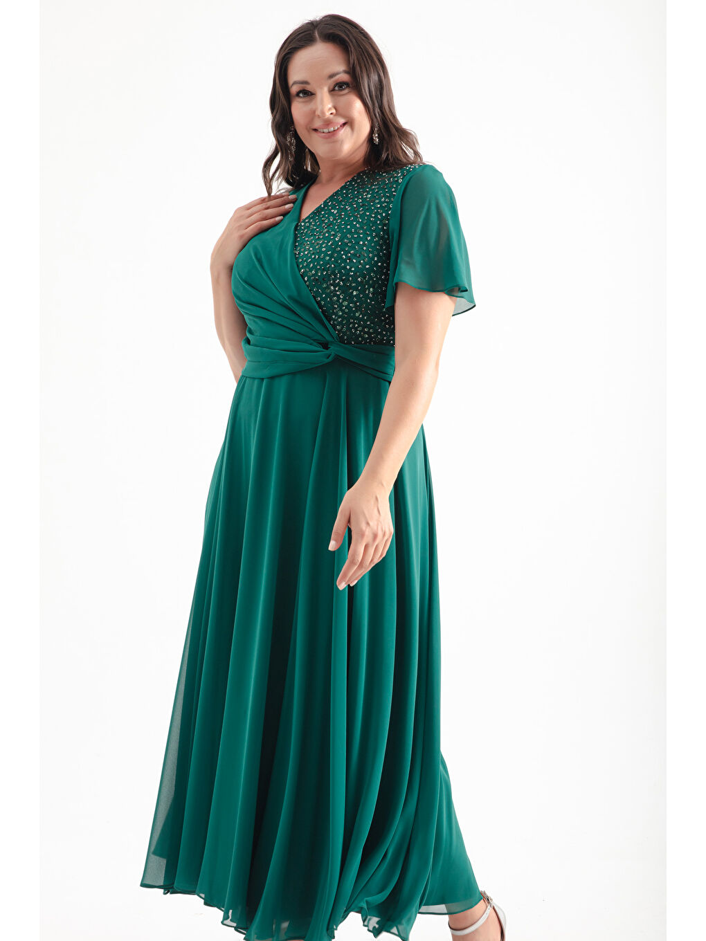 Kadın Zümrüt Yeşili Kruvzae Yaka Simli Büyük Beden Uzun Abiye Elbise-2