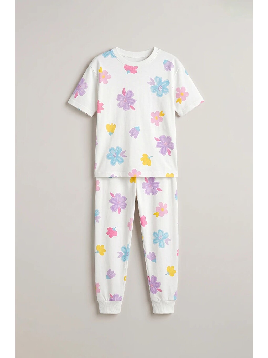 Pastel Renkli Çiçek Desenli Beyaz Kız Çocuk %100 Pamuk Pijama Takımı-7