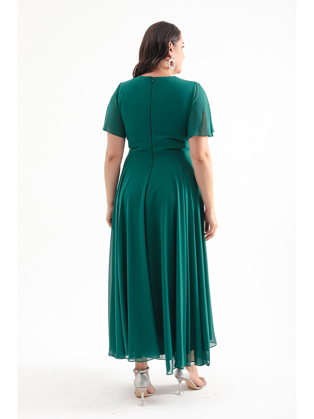 Kadın Zümrüt Yeşili Kruvzae Yaka Simli Büyük Beden Uzun Abiye Elbise-4
